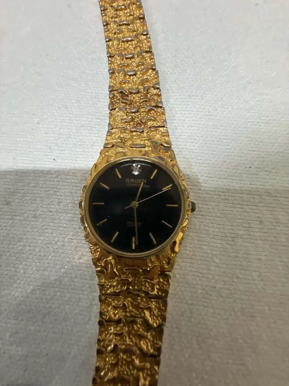 Vintage Gruen Precision Quartz Women Watch Diamond Accent Gold Nugget